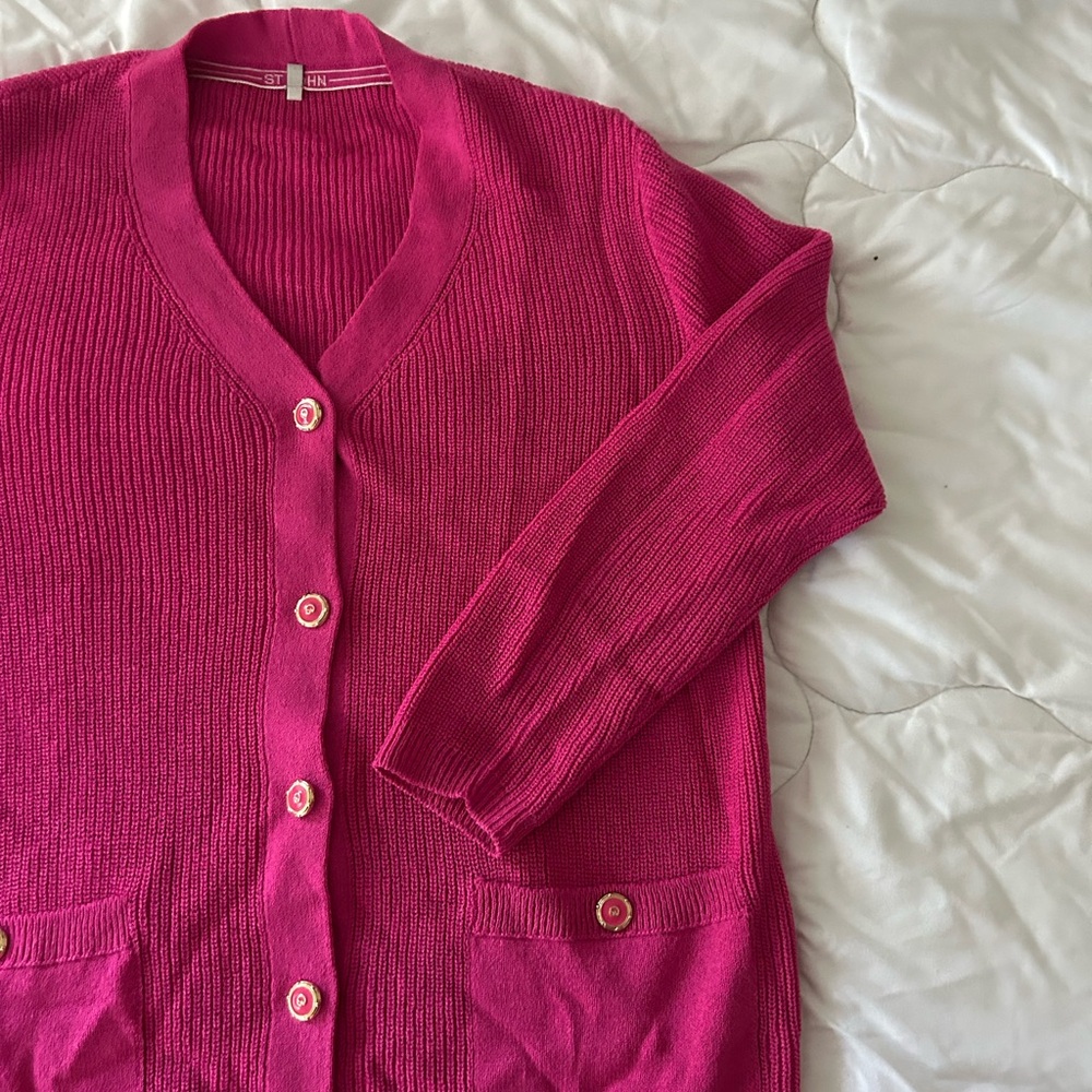 St. John’s Knit Hot Pink Cardigan with gold buttons !